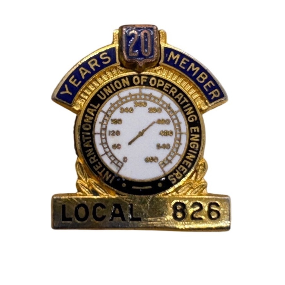 Vintage IUOE Local 826 20 Year Member Pin Bastian Bros Gold Tone Enamel Union
